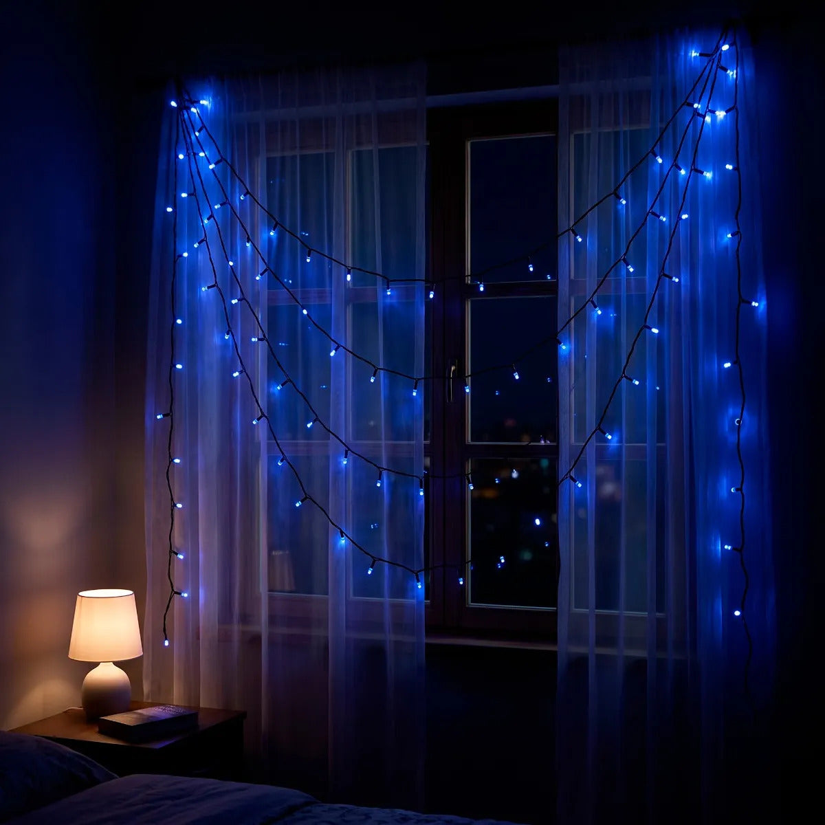 Serie Navideña Led Lluvia Azul Mágica 50 Luces
