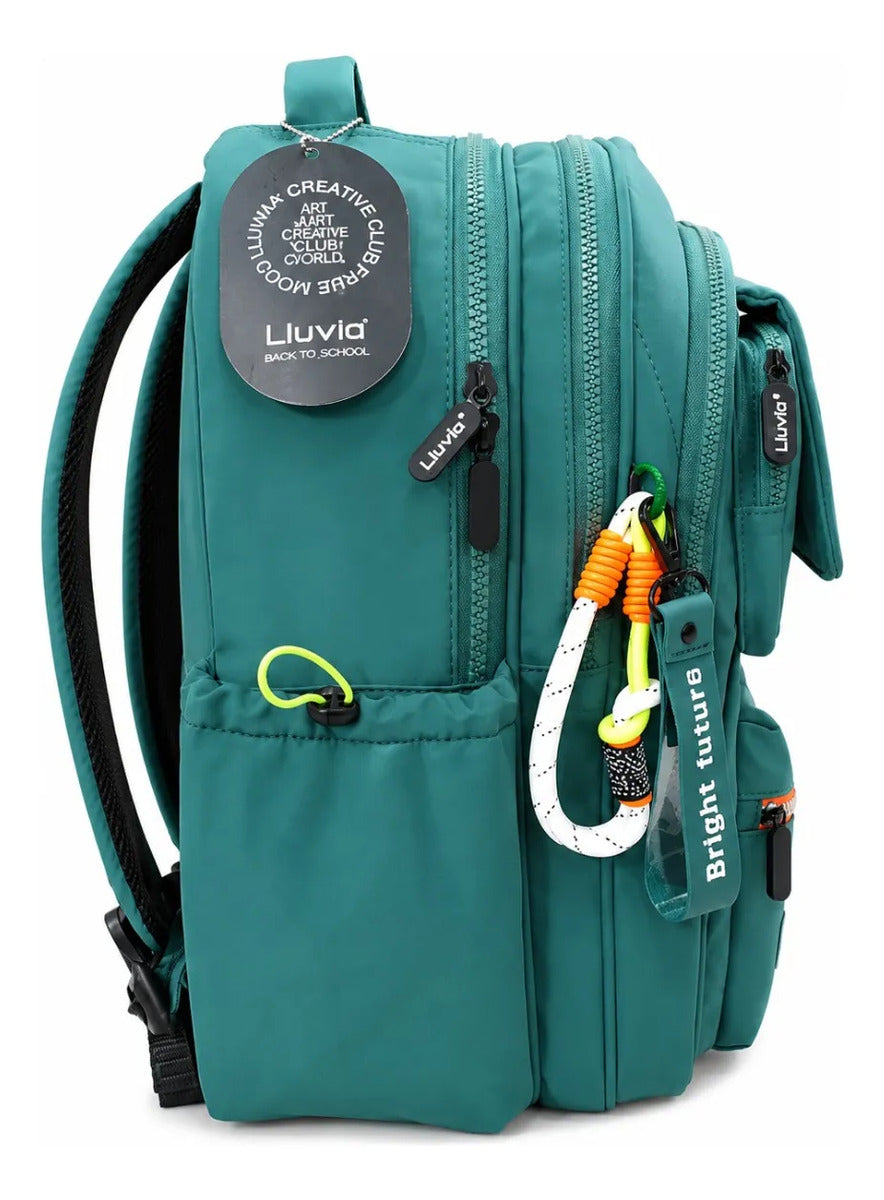 Set Escolar Tres Piezas Lluvia Verde Esmeralda Con Naranja