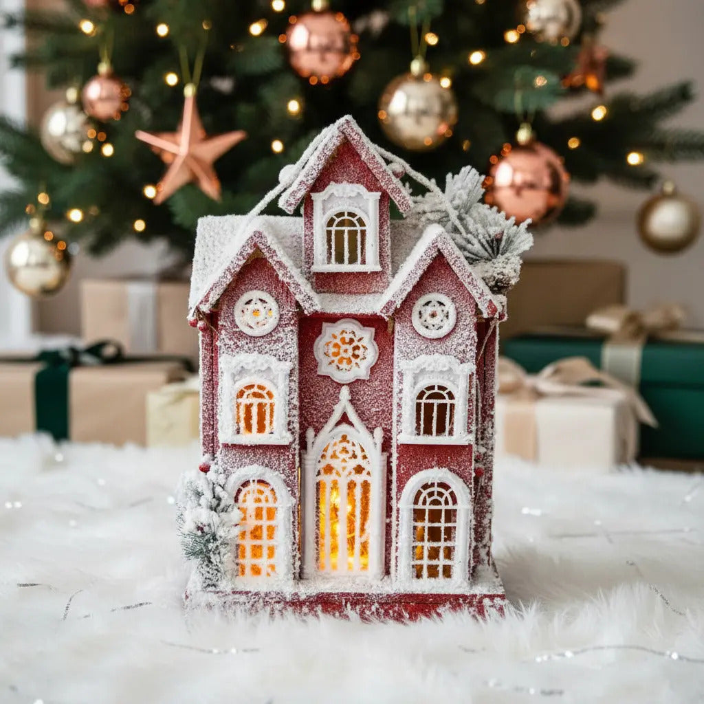 Casa Navideña Decorativa Con Luz Y Nieve 52x14x30 Cm