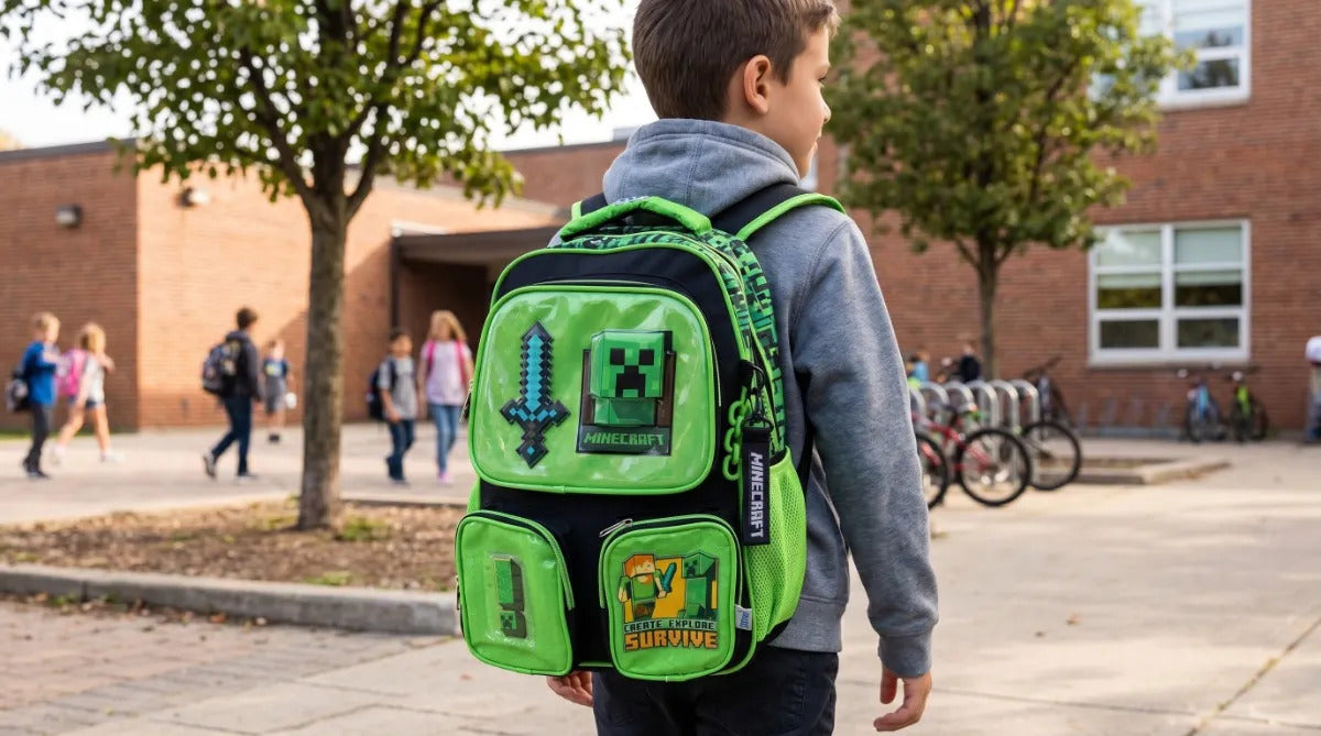 Mochila Primaria Minecraft Creeper Ruz Con 4 Compartimientos