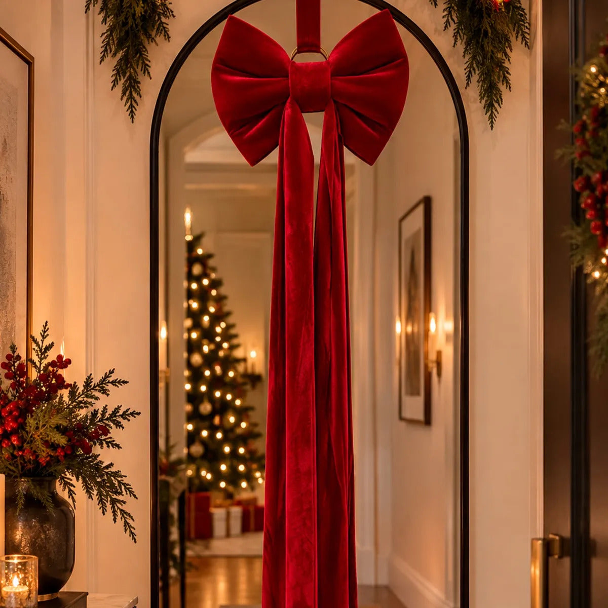 Moño Navideño Grande Rojo Vino Con Tiras Largas 105 Cm