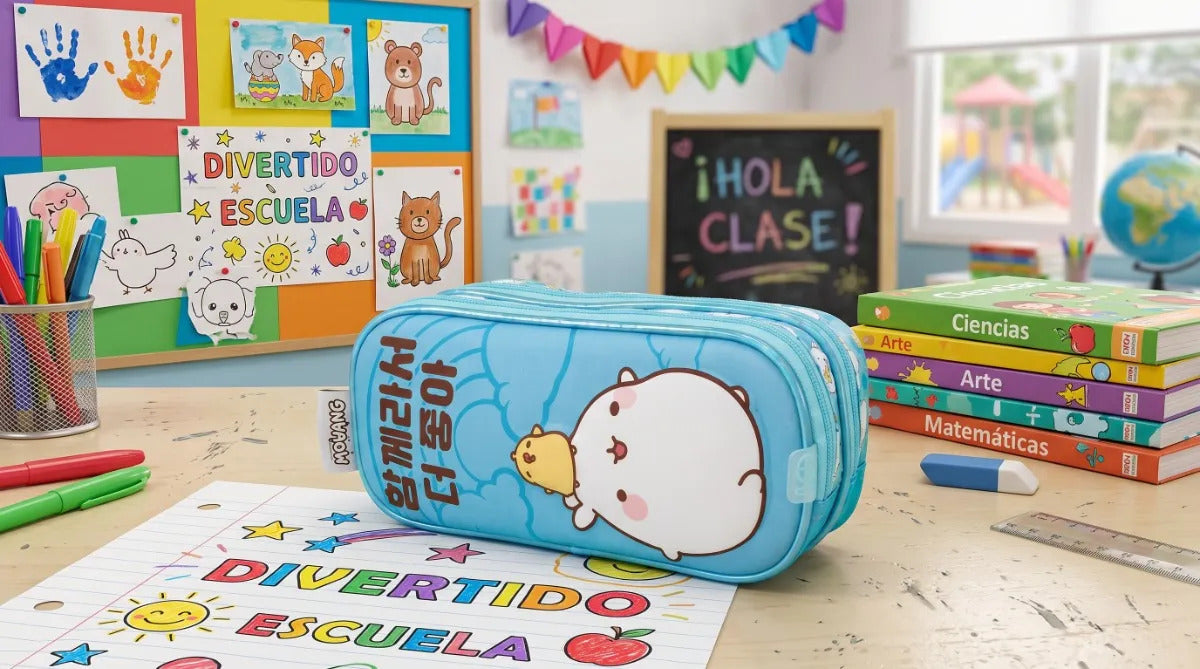 Lapicera Escolar Molang Y Piu Piu Azul Doble Compartimiento