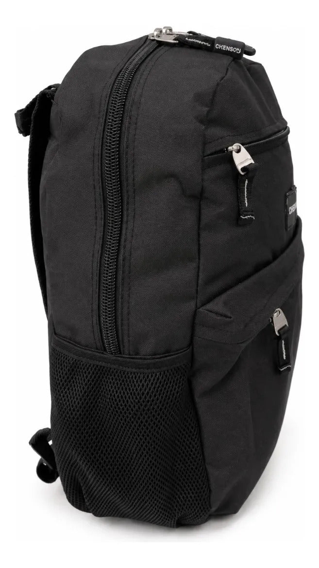 Mochila Chenson Negra Resistente Con Bolsillos Laterales