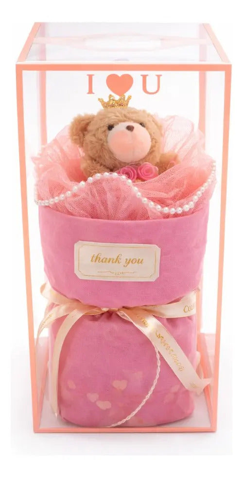 Detalle Romántico Con Osito Rosa Y Corona En Caja De Acetato