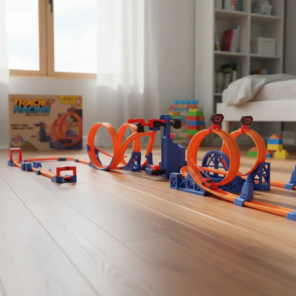 Pista Candy Toys Con Elevador Doble 2 Autos Y 57 Piezas