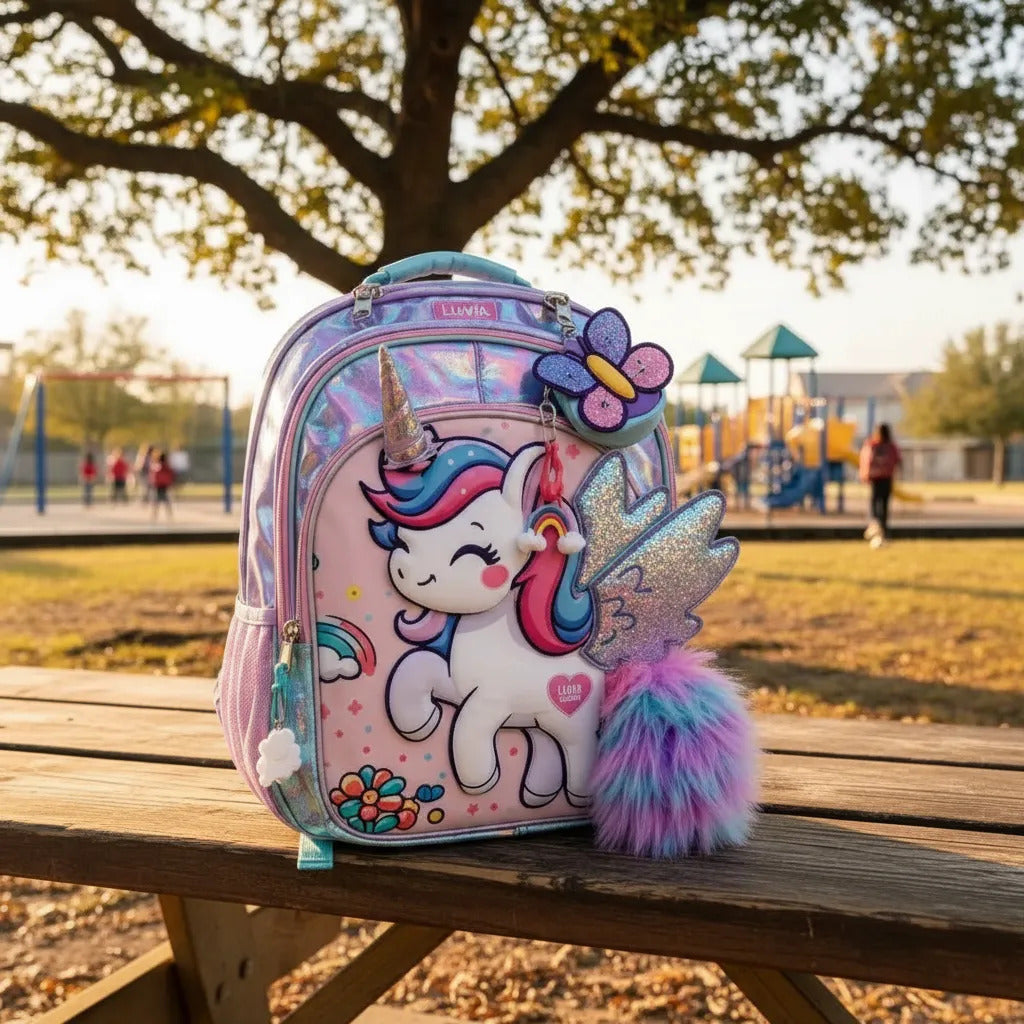 Mochila Escolar Unicornio Lluvia Tornasol Mariposa Monedero