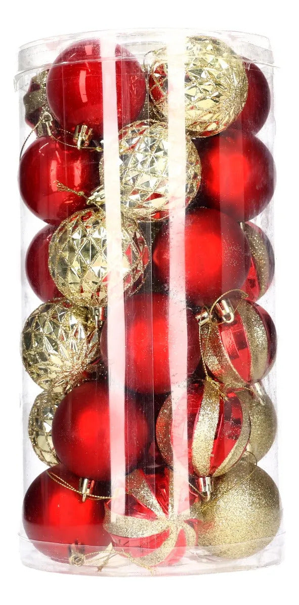 Set Esferas Lluvia Rojo y  Dorado con Glitter 30 Piezas 6 cm