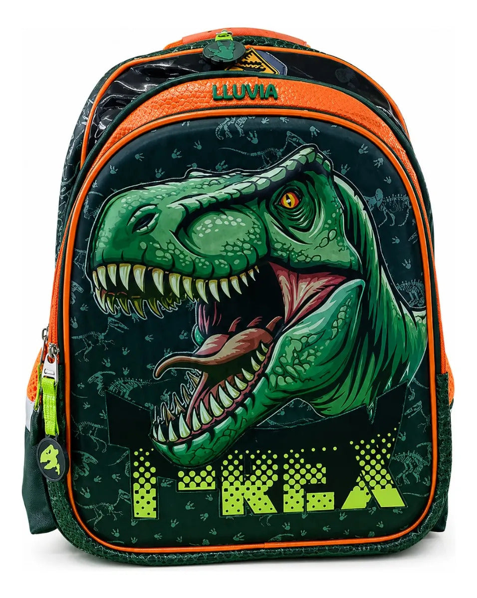 Set De Mochila Primaria Lluvia T Rex Tres Piezas Dinosaurio