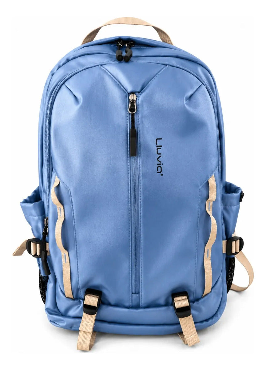 Mochila Lluvia Azul Moderna Satinada Con Correas Laterales