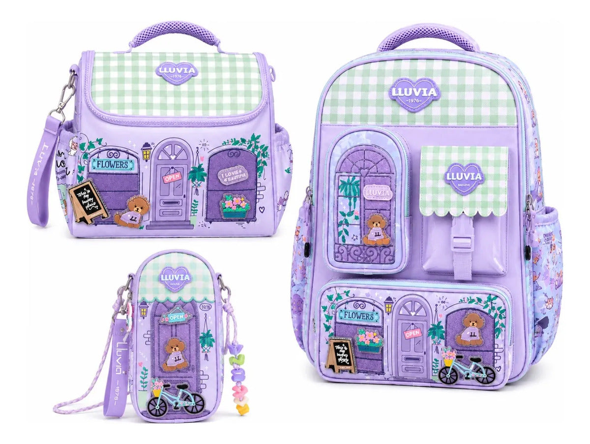 Set Escolar Tres Piezas Lluvia Diseño Boutique Floral Lila