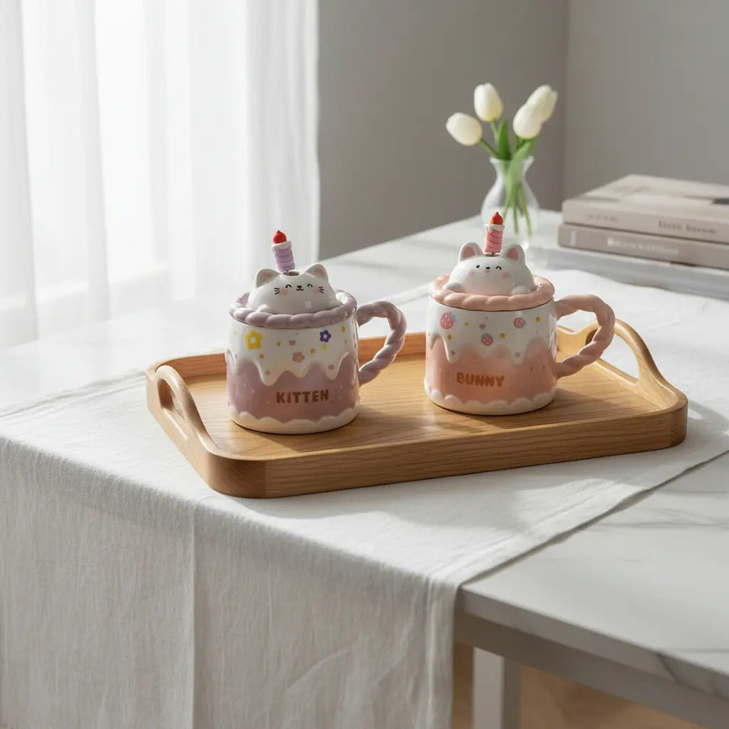 Taza Kitten Y Bunny De Cerámica Con Tapa Y Aguitador 400 Ml