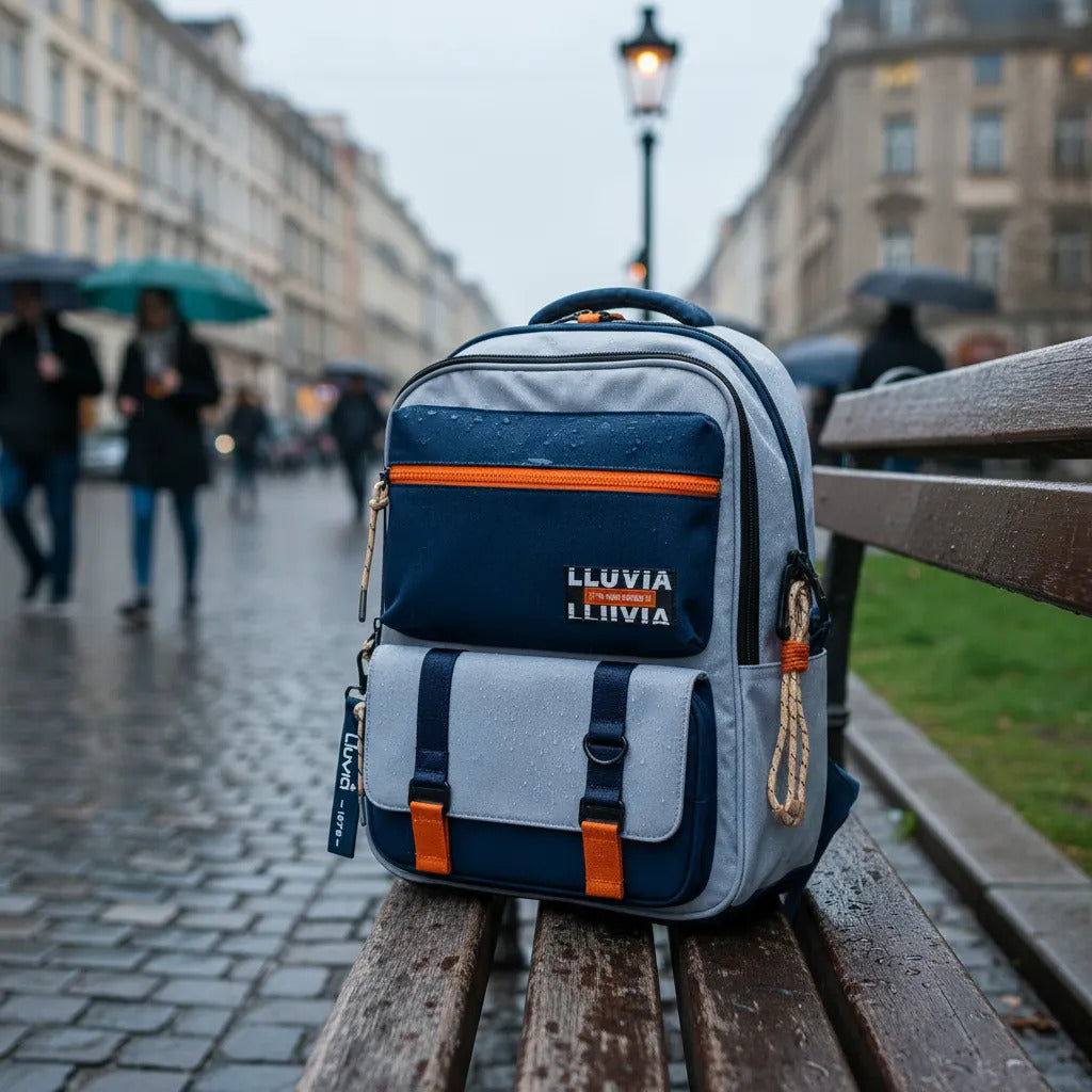 Mochila Juvenil Lluvia Azul Gris Con Detalles Naranja