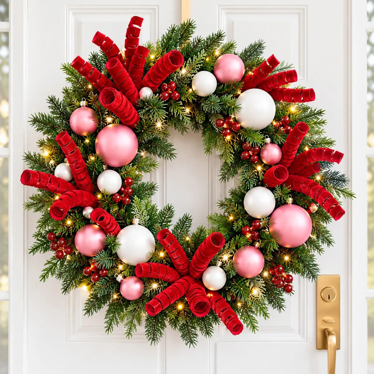 Vara Decorativa Lluvia Roja con Curlis Navideños 45cm