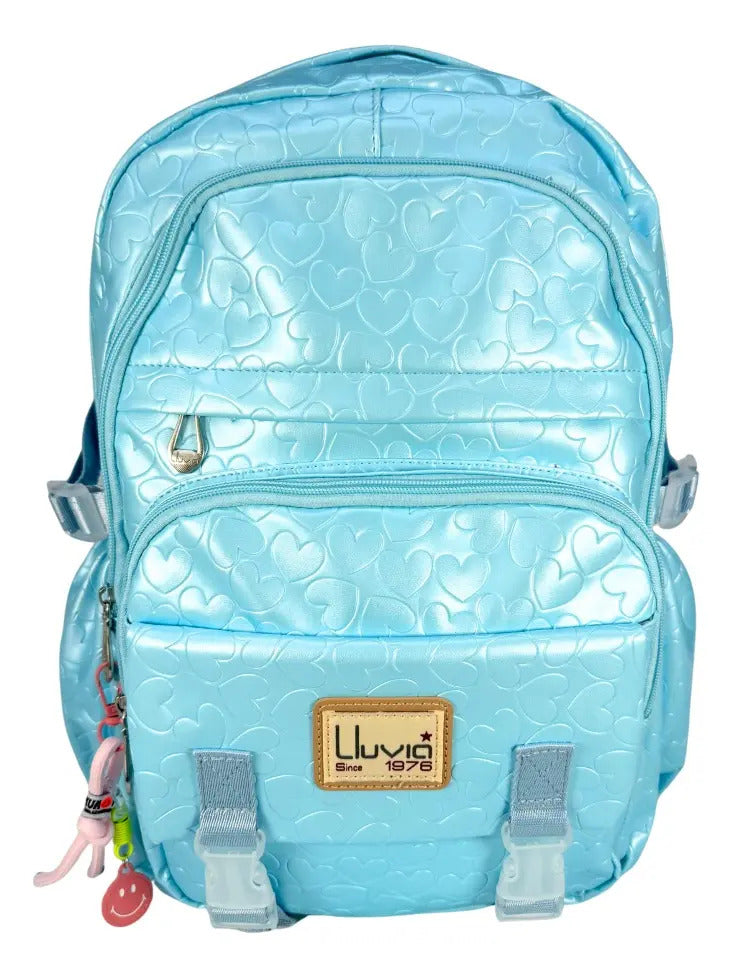 Mochila Juvenil Marca Lluvia Azul Con Relieve De Corazones