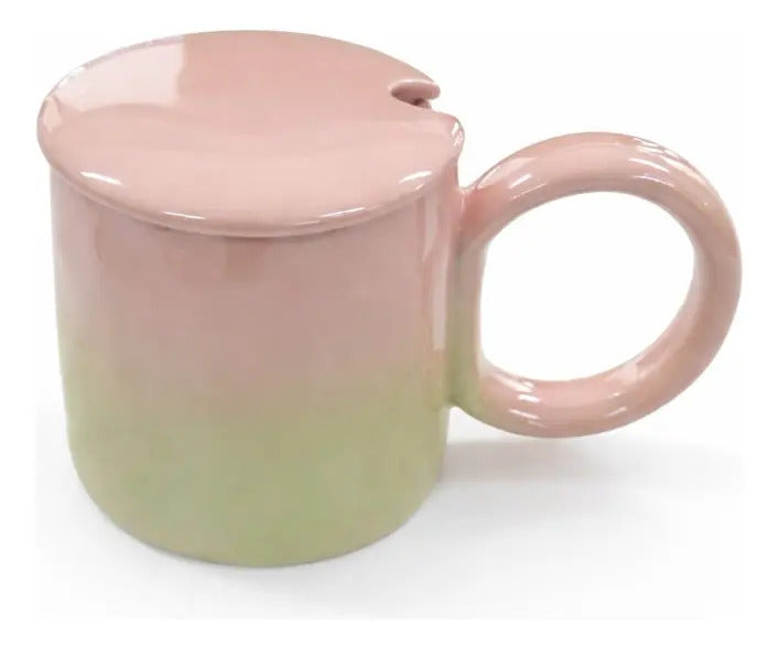 Taza Tornasol De Cerámica Con Tapa Y Cuchara Metalica 380 Ml