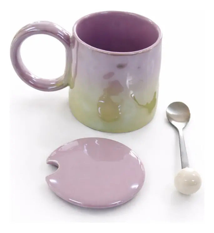 Taza Tornasol De Cerámica Con Tapa Y Cuchara Metalica 380 Ml