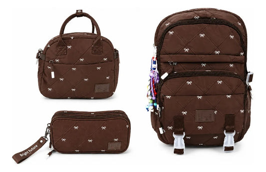 Set Escolar Lluvia Café Con Moños Mochila Lonchera Lapicera