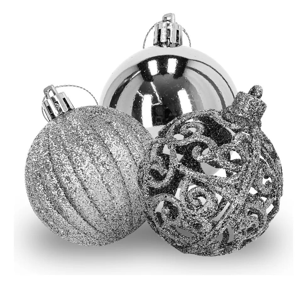 Set 12 Esferas Plateadas con Diamantina y Arabescos 6 cm