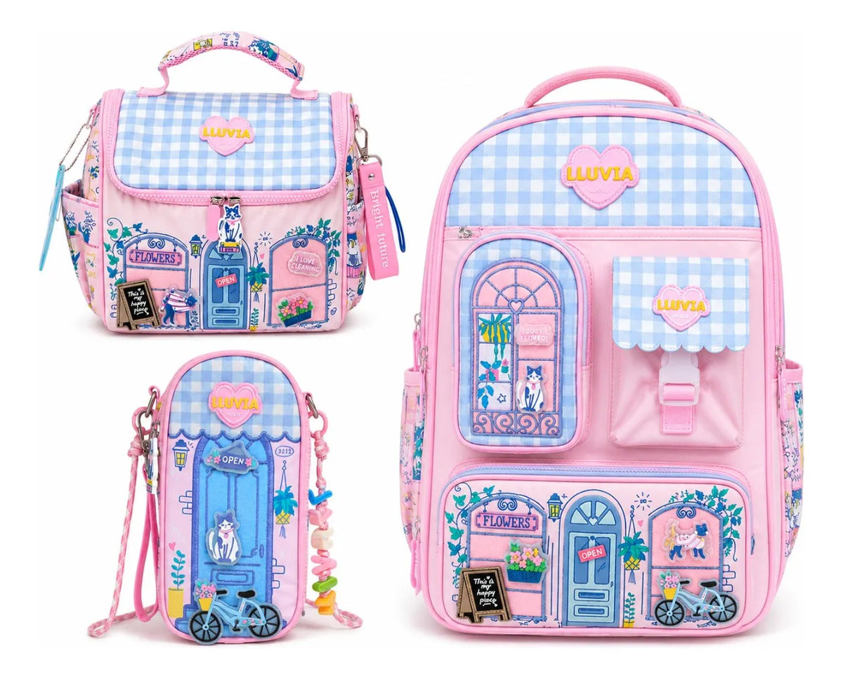 Set Escolar Tres Piezas Lluvia Diseño Florería Rosa Satinado