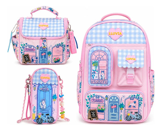 Set Escolar Tres Piezas Lluvia Diseño Florería Rosa Satinado