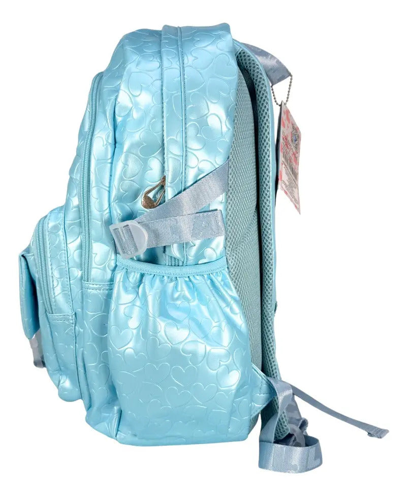 Mochila Juvenil Marca Lluvia Azul Con Relieve De Corazones