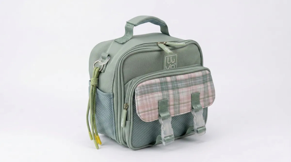 Lonchera Lluvia Verde Pastel Con Diseño Escocés Y Correa