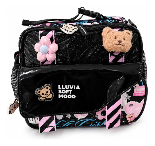 Lonchera Juvenil Lluvia Soft Mood Negra Con Detalles Rosas