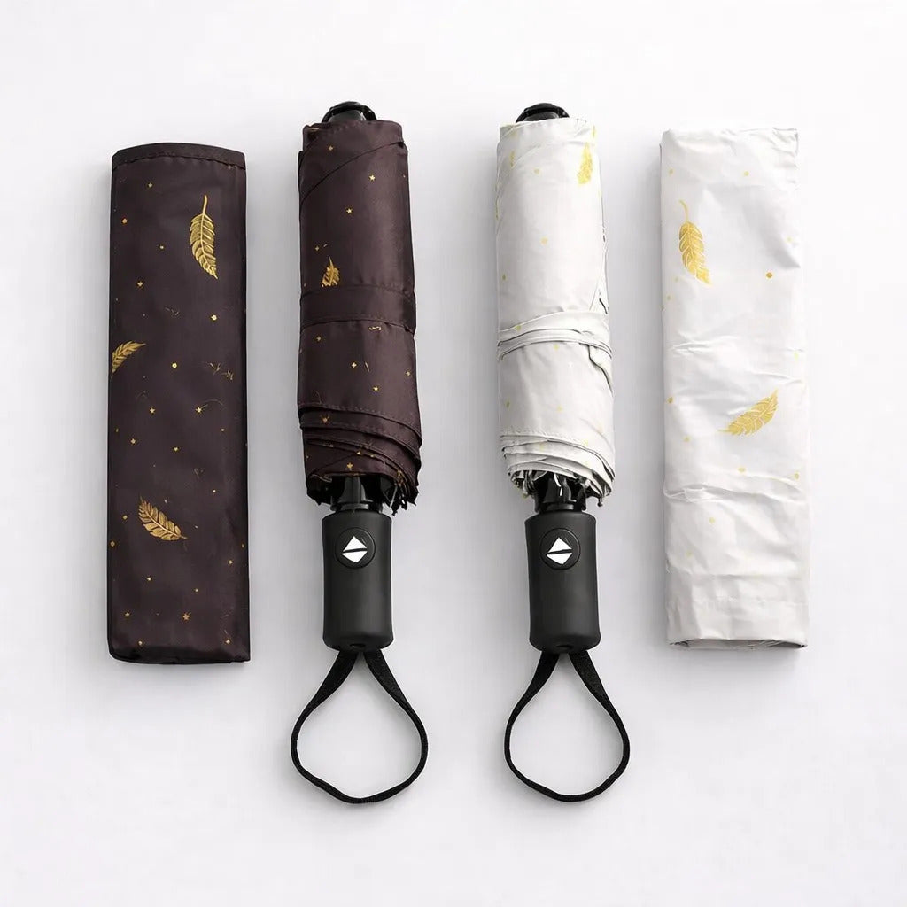 Paraguas De Bolsillo Automático Estampado De Plumas Doradas
