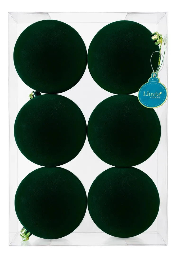 Esferas Navidad lluvia Verde Aterciopeladas 15 Cm 6 pz