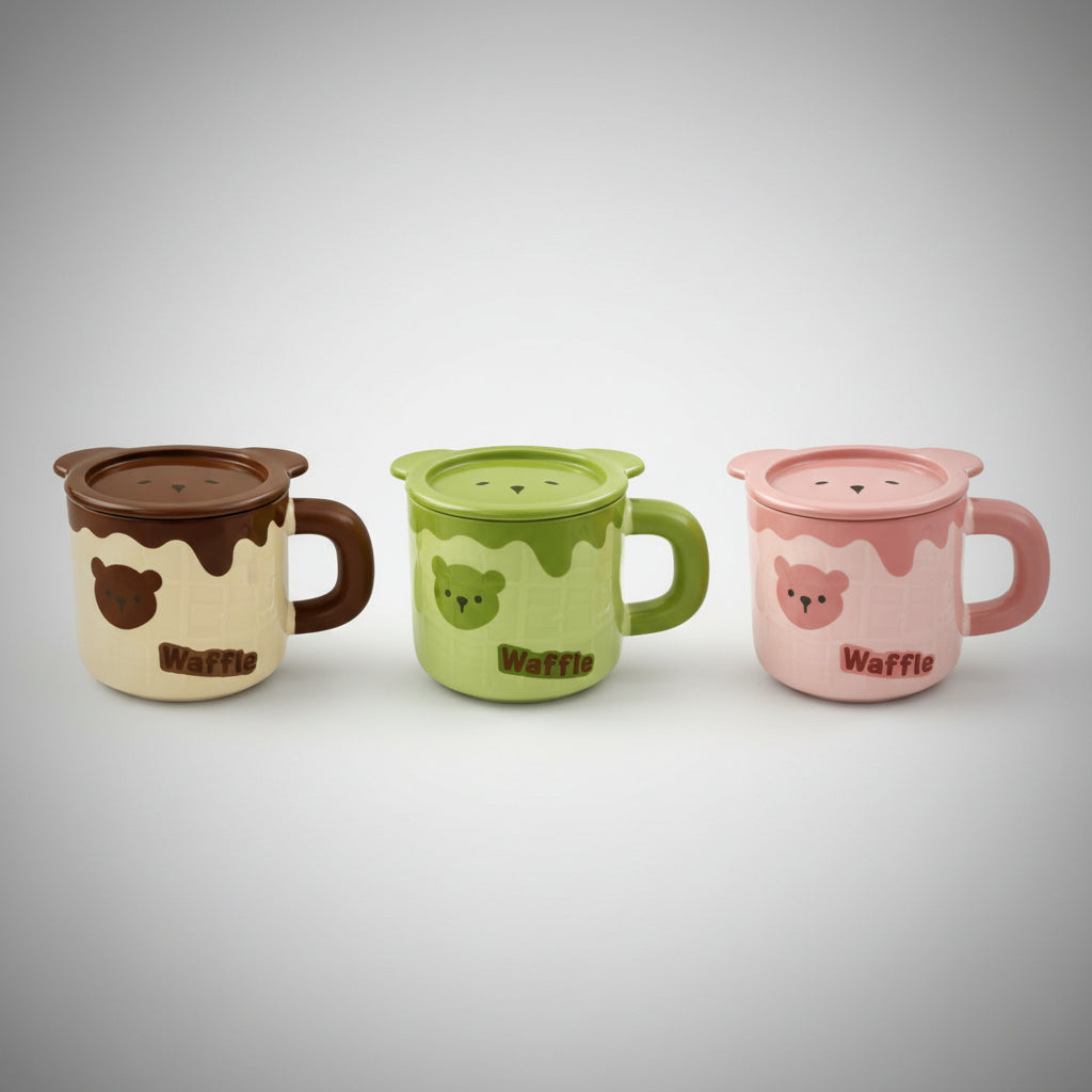 Taza Waffle De Oso Con Tapa Y Cuchara 500 Ml