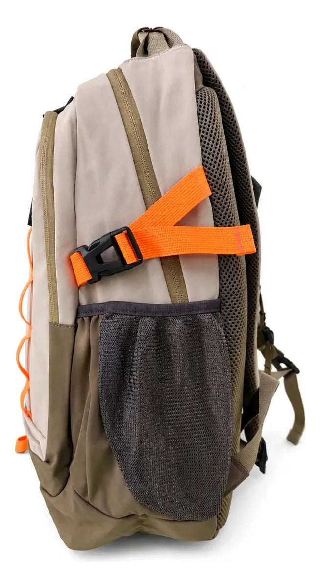Mochila Escolar Lluvia Beige Verde Olivo Y Naranja Neón