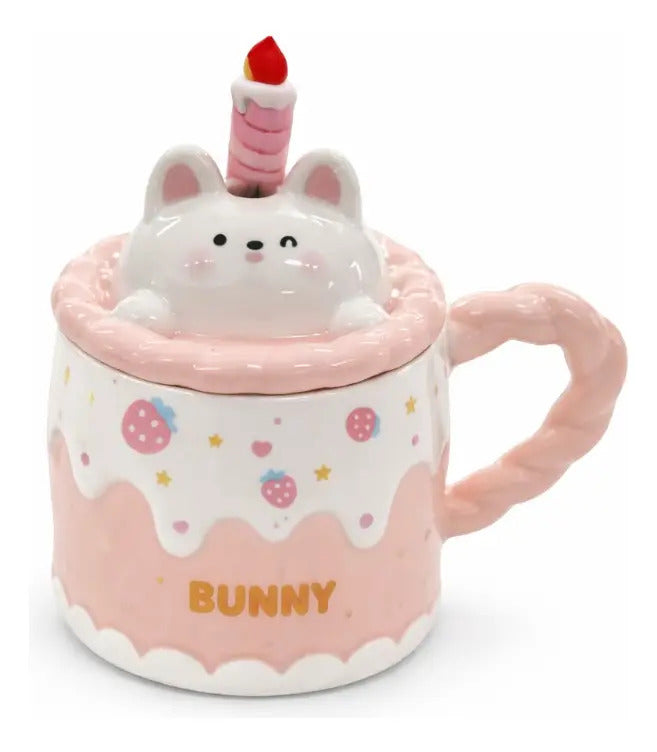Taza Kitten Y Bunny De Cerámica Con Tapa Y Aguitador 400 Ml