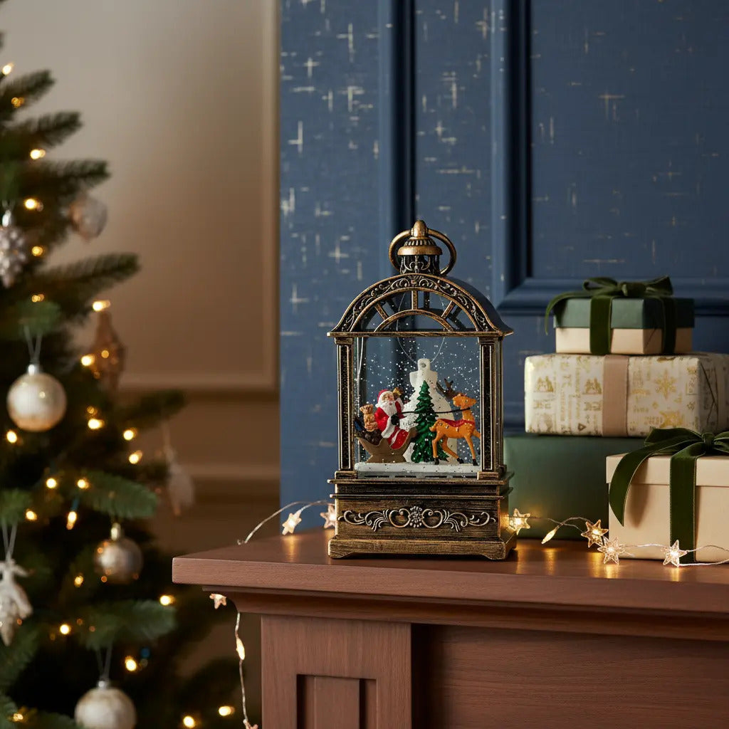 Lampara Forma Farol Navideño Con Santa Y Reno 19x10x12 Cm
