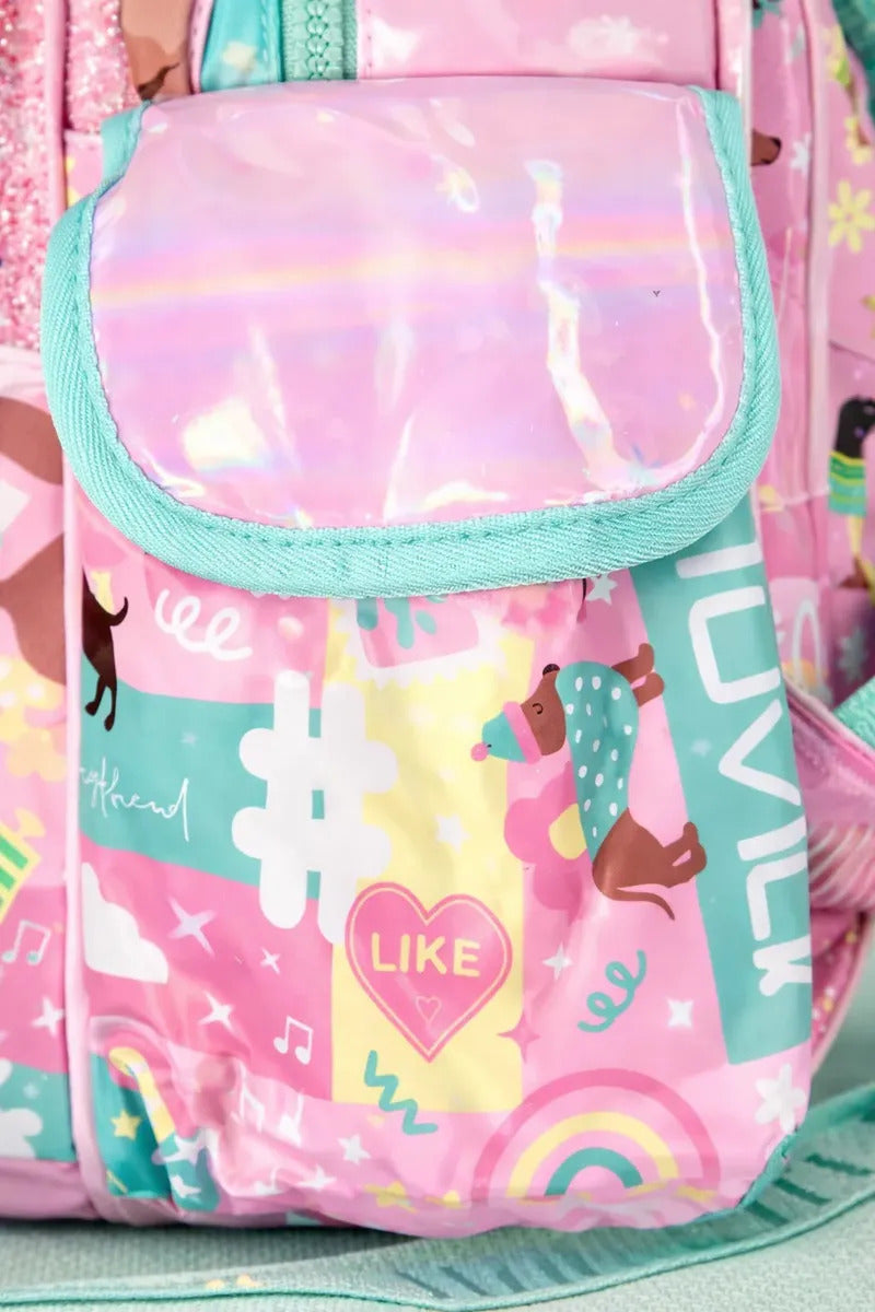 Mochila Escolar Lluvia Rosa Tornasol Con Compartimento Y Bolsillo Botella Liso