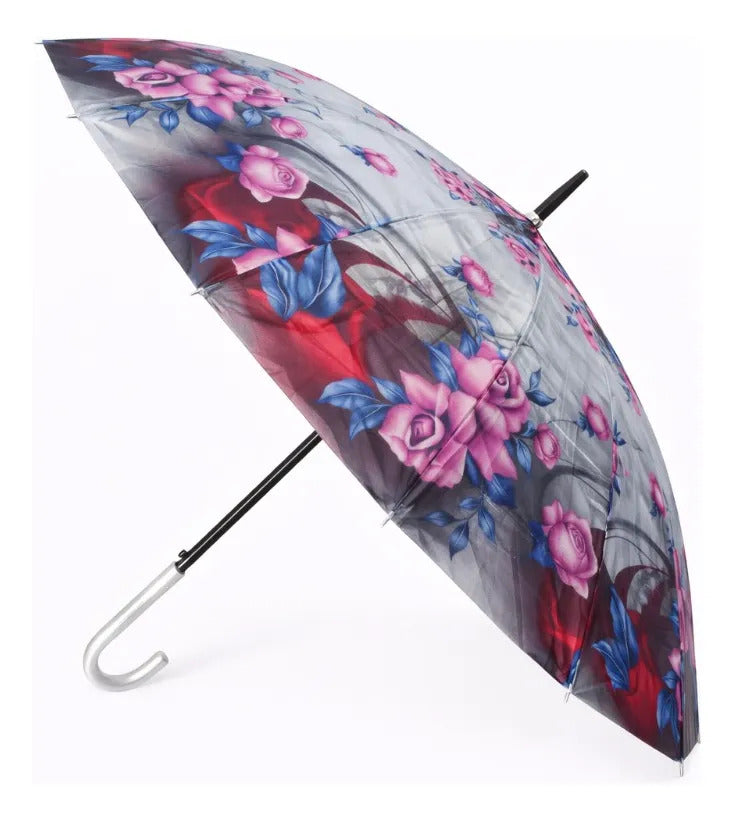 Paraguas Tipo Bastón Estampado Floral Resistente 16 Varillas