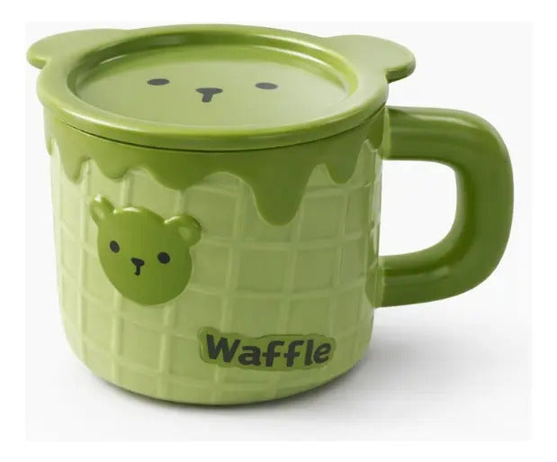 Taza Waffle De Oso Con Tapa Y Cuchara 500 Ml