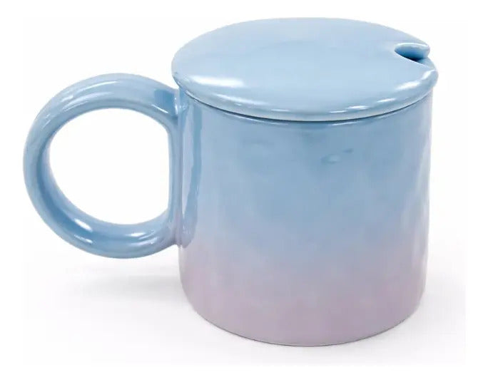 Taza Tornasol De Cerámica Con Tapa Y Cuchara Metalica 380 Ml
