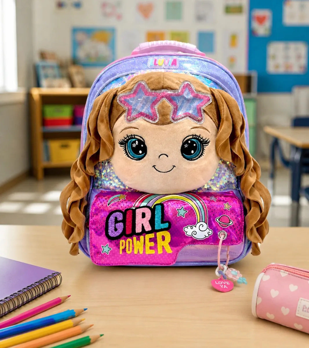 Mochila Lluvia Girl Power Con Muñeca Y Lentejuela Reversible