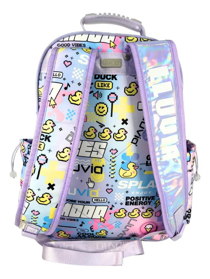 Mochila Escolar Lluvia Lavanda Primaria Con Pines Decorativos Patitos Geométrico
