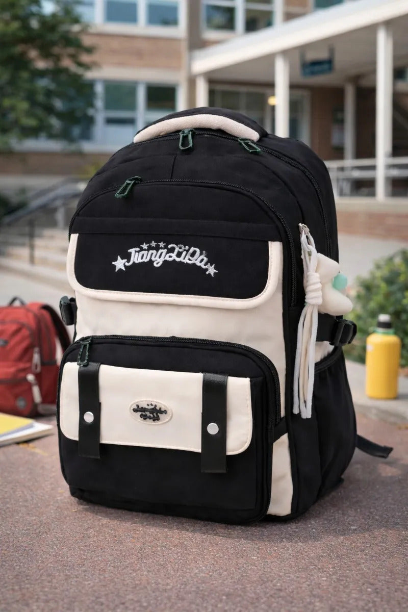 Mochila Juvenil Lluvia Negro Con Detalles Beige Antirrobo