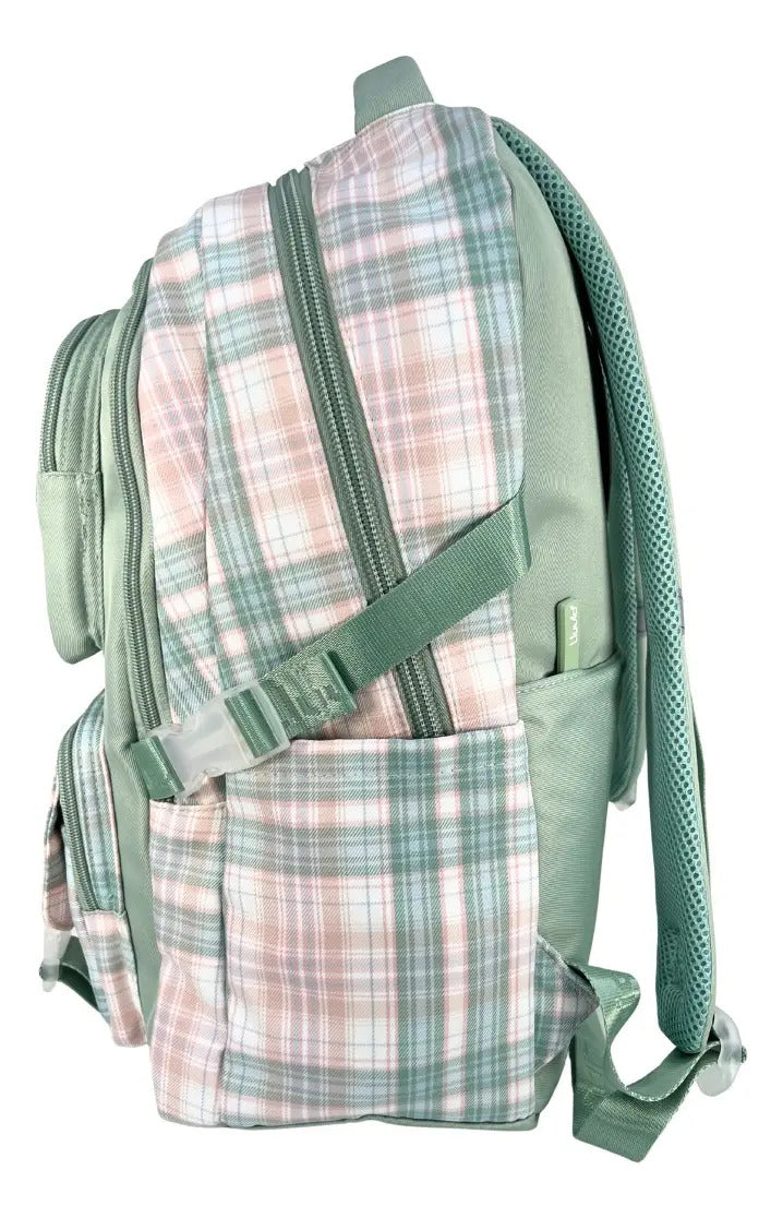 Mochila Juvenil Marca Lluvia Cuadros Verde Rosa