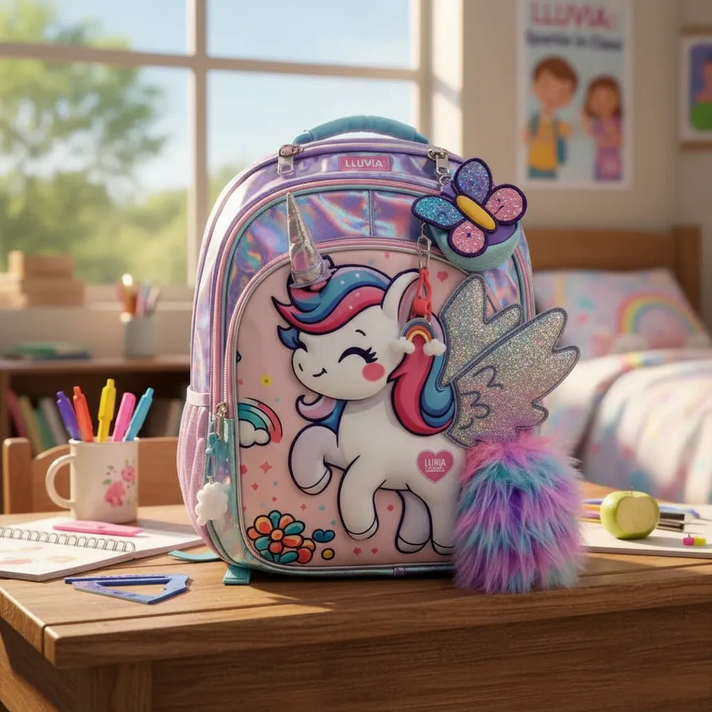 Mochila Escolar Unicornio Lluvia Tornasol Mariposa Monedero