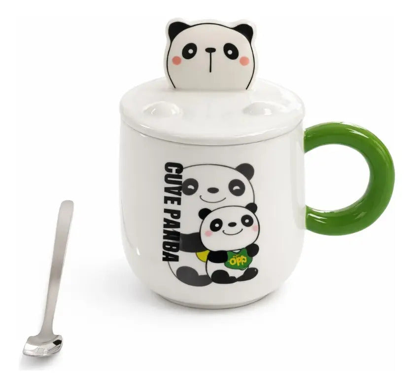 Taza Panda Kawaii Con Tapa Y Agitador Metálico 380ml