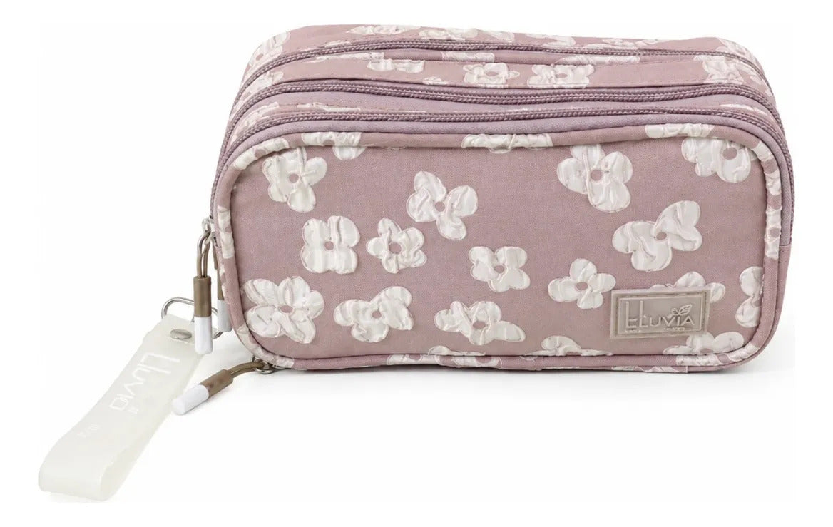 Lapicera Lluvia Rosa Vintage Floral En Relieve Triple Cierre