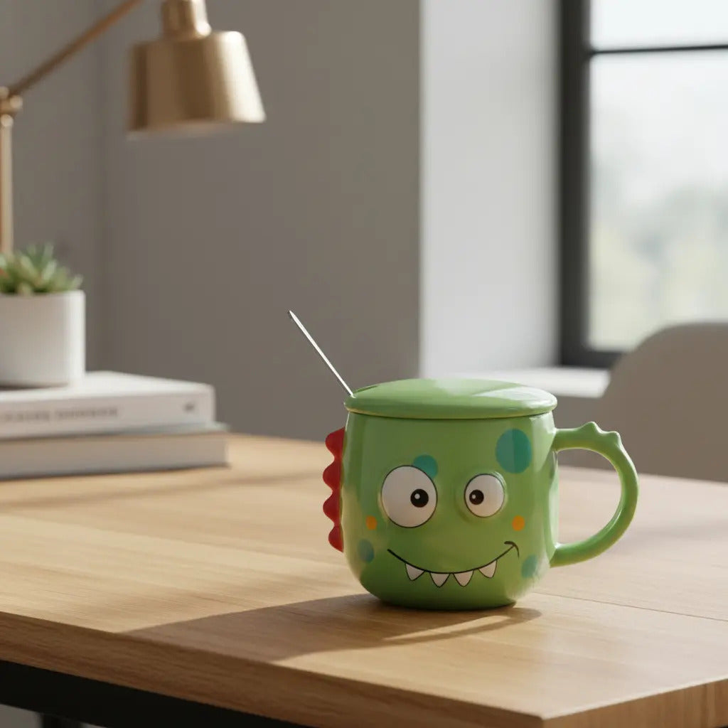 Taza Colorida Kawaii Monstruos Con Tapa Incluida 400 Ml