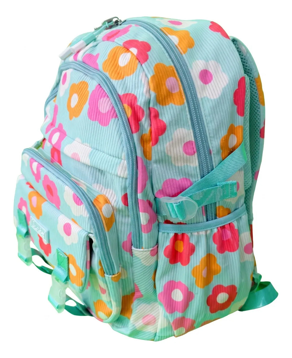 Mochila Juvenil Lluvia Floral Azul Con Compartimento Laptop