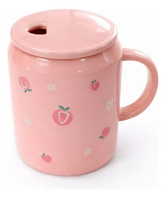 Taza Frutal Con Tapa Y Popote De Cristal 400 Ml