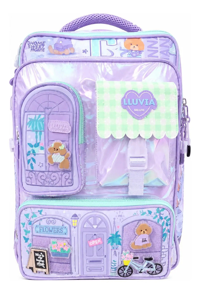 Mochila Lluvia Lila Con Velcro Y Personajes Desmontables