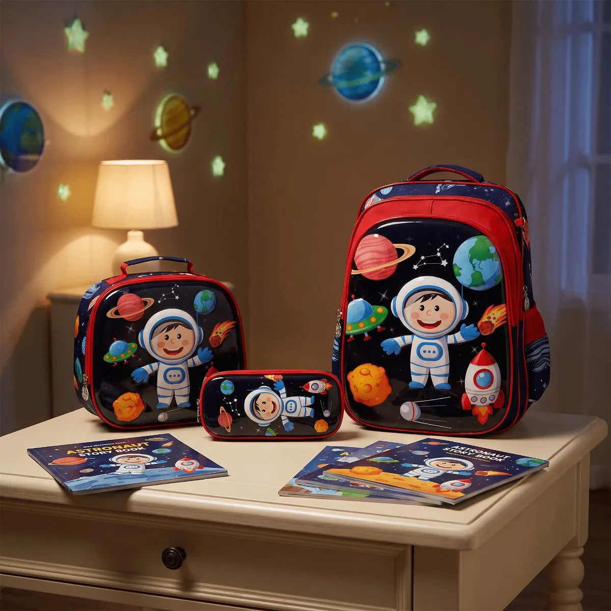 Set Escolar Lluvia Azul Marino Astronauta Tres Piezas