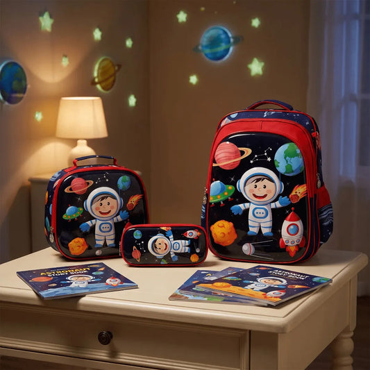 Set Escolar Lluvia Azul Marino Astronauta Tres Piezas